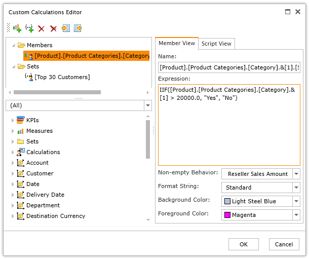 Member view tab in Custom Calculations editor (WPF pivot table).